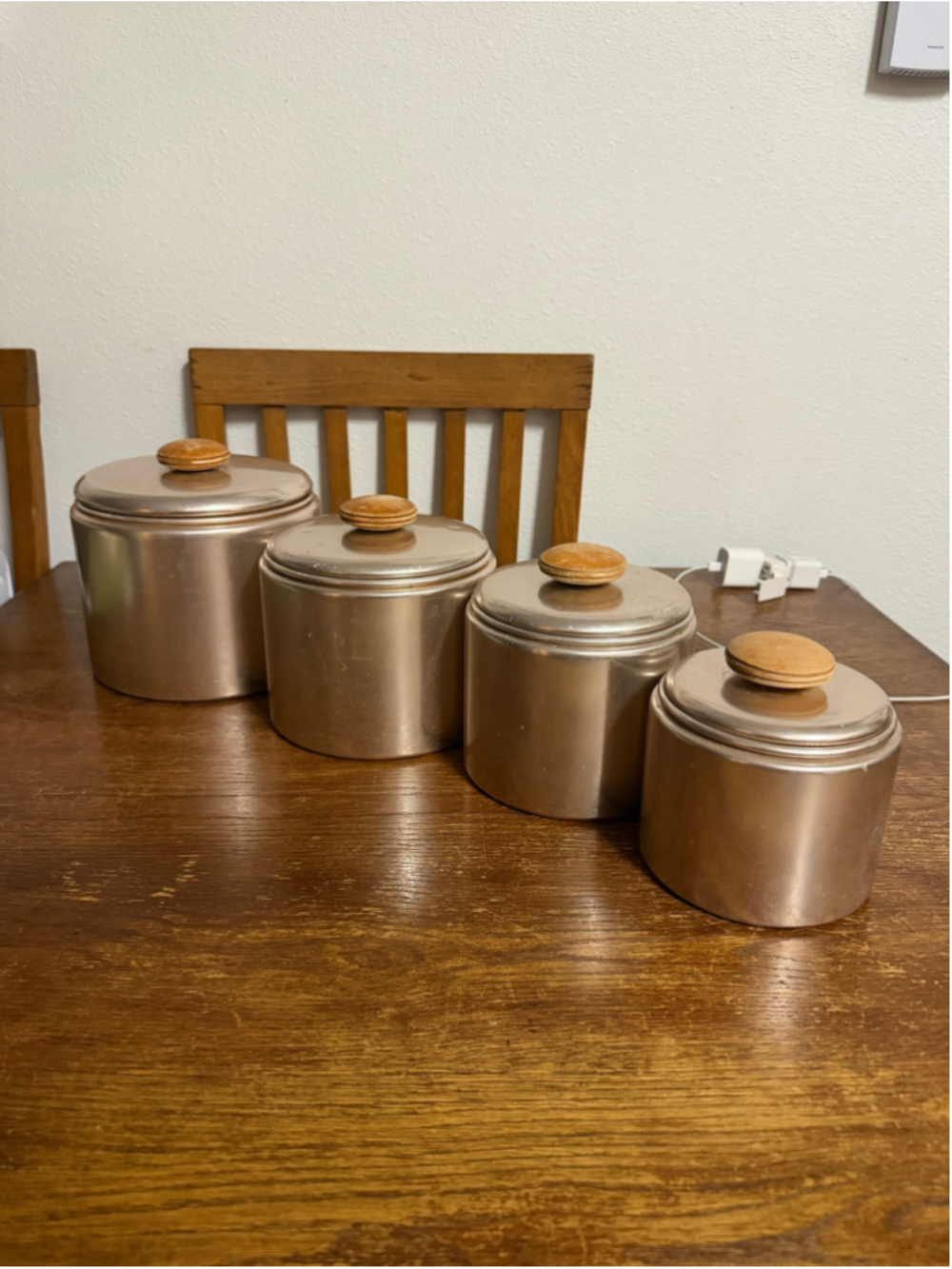 Vintage Mirro Aluminum 4 Piece Canister Set Wood Knob Lids MCM Kitchen Storage M